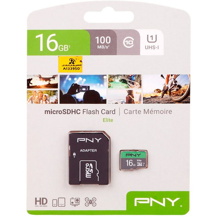 کارت حافظه microSDHC پی ان وای مدل Elite کلاس 10 استاندارد UHS-I U1 سرعت 100MBs ظرفیت 16 گیگابایت به همراه آداپتور SD