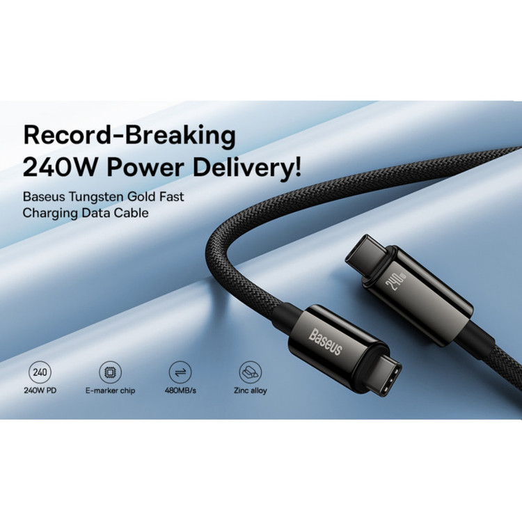 کابل شارژ TYPE-C به TYPE-C باسئوس ( baseus) فست شارژ مدلTUNGSTEN GOLD 240W باگارانتی 24 ماهه آونگ