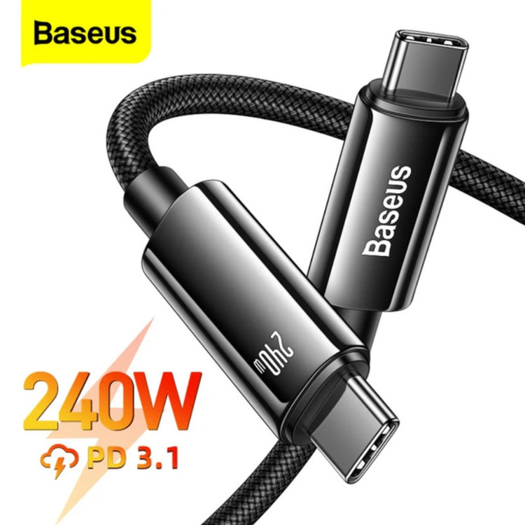 کابل شارژ TYPE-C به TYPE-C باسئوس ( baseus) فست شارژ مدلTUNGSTEN GOLD 240W باگارانتی 24 ماهه آونگ