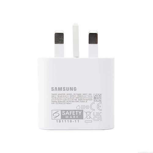 شارژر اورجینال 25 وات سامسونگ( Samsung ) اورجینال صد در صد ( 3 پین ) رنگ مشکی سفید