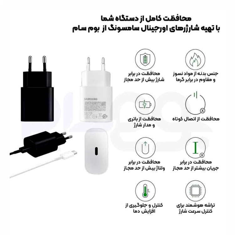 شارژر گوشی 25 وات سامسونگ با کابل دو سر Type C سفید اورجینال صد در صد ( گارانتی 6 ماهه پاریان پایا)