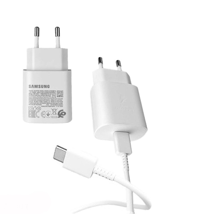 شارژر گوشی 25 وات سامسونگ با کابل دو سر Type C سفید اورجینال صد در صد ( گارانتی 6 ماهه پاریان پایا)